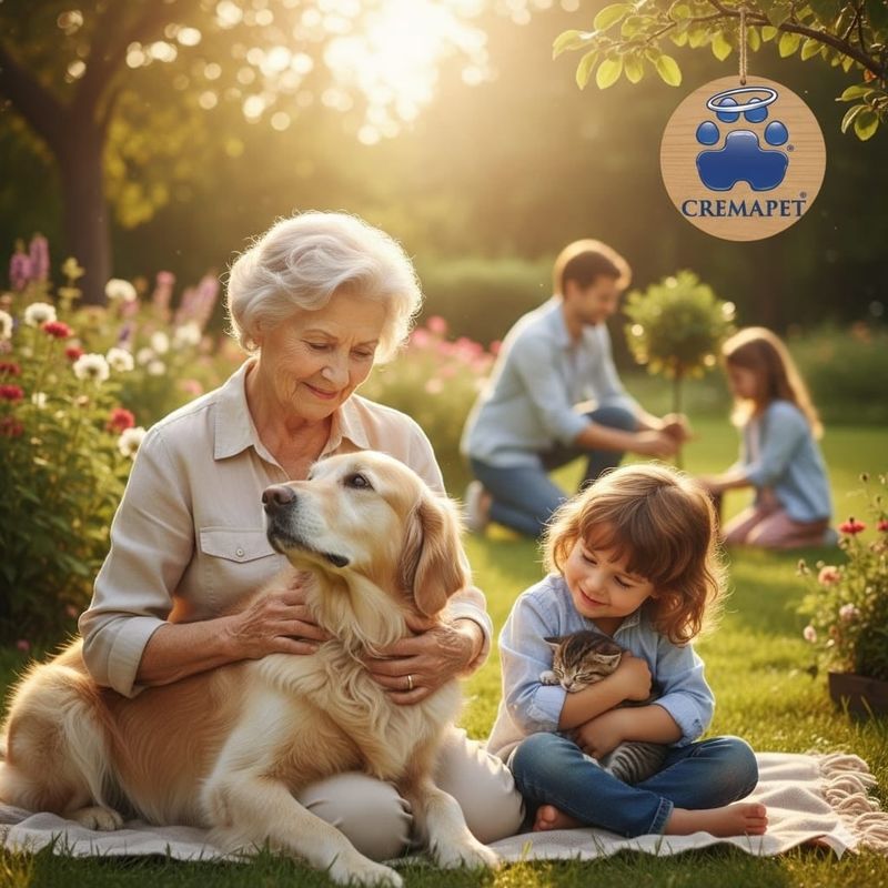 Ilustración de una abuela abrazando a su perro mientras su familia juega en el jardín