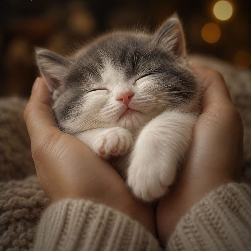 Ilustración de un gatito dormido entre unas manos que lo cuidan