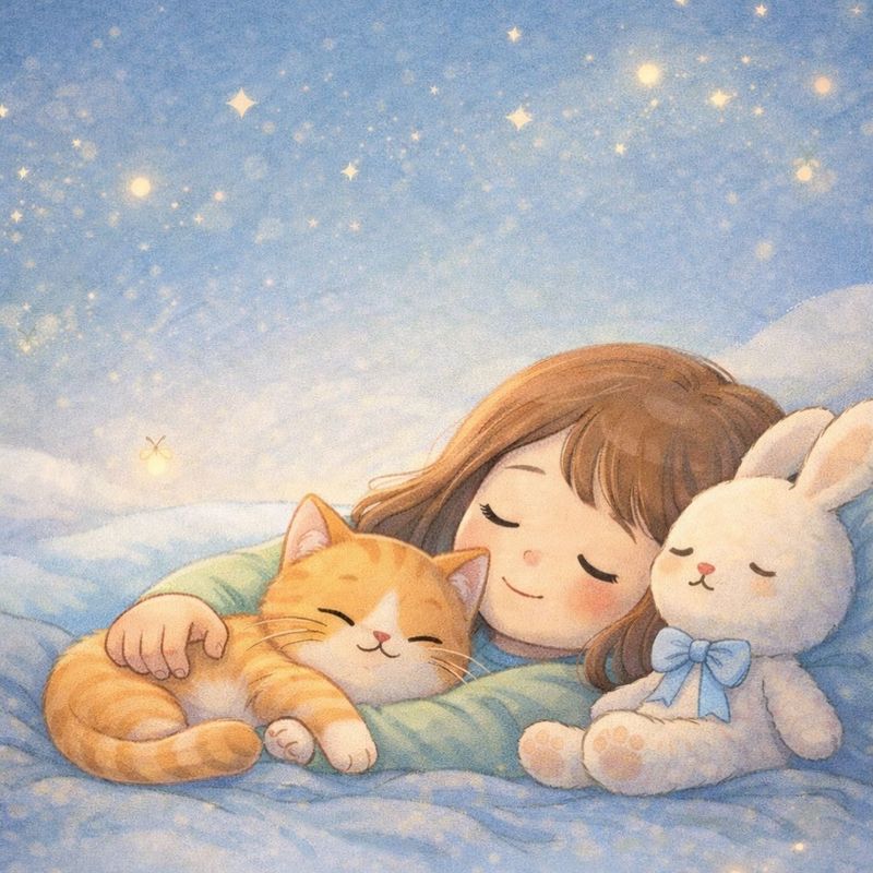 Ilustración de una niña dormida abrazando a su gato y a su peluche