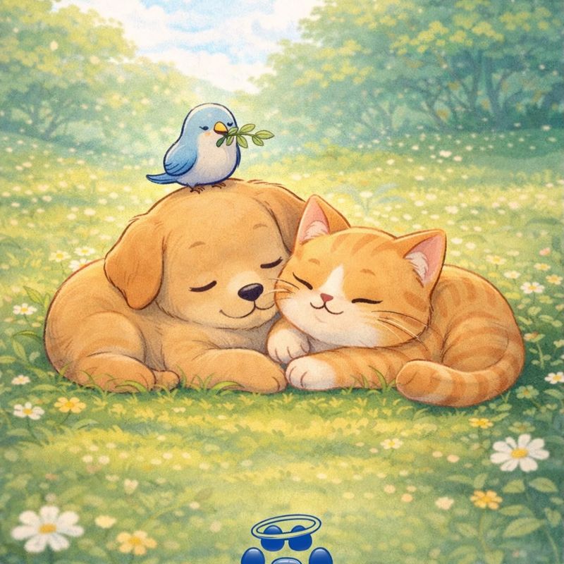 Ilustración de un perro y un gato dormidos juntos en un prado